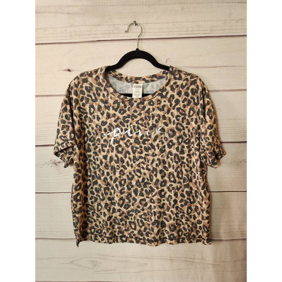 Victorias Secret Womens Sleep Top T-Shirt Brown Leopard Viscose Short Sleeve M - Picture 1 of 6